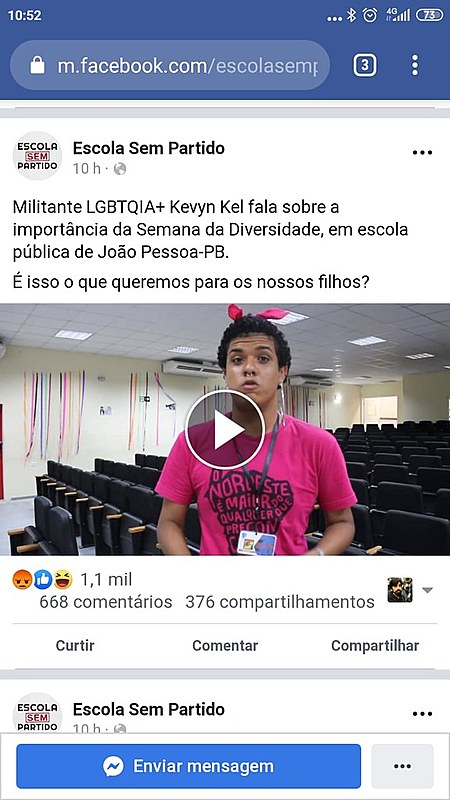 Página Escola sem Partido faz prints e acusações contra ações nas escolas da cidade
