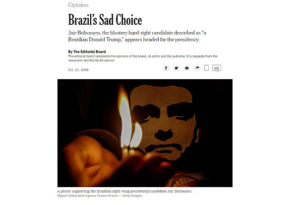 New York Times ainda destaca que Bolsonaro é "nostálgico com os generais e torturadores" da ditadura civil-militar do Brasil