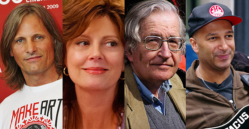 Da esq. para a dir: Viggo Mortensen, Susan Sarandon, Noam Chomsky e Tom Morello, alguns dos que são contra o golpe