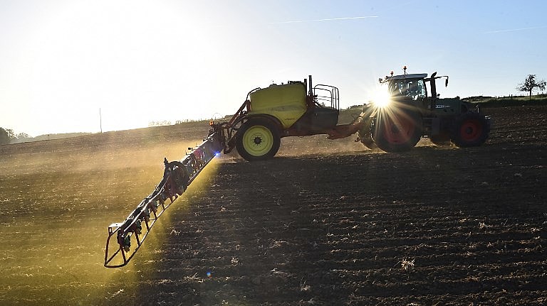 Máquina dispersa névoa amarela de glifosato sobre plantação de milho