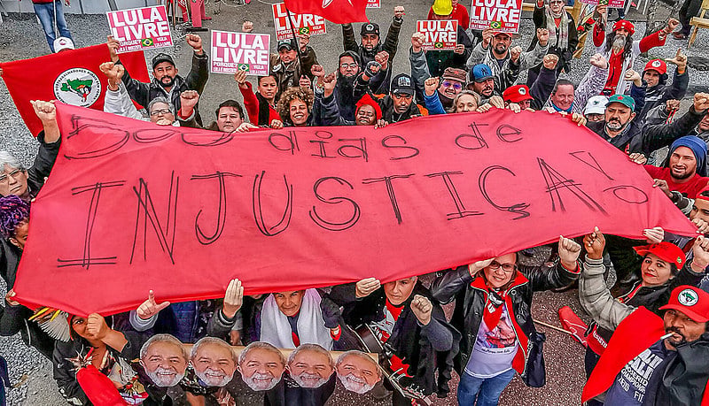 Demonstrators at Free Lula camp stage rally to mark 500 days of struggle, resistance, and solidarity with Brazil’s former president