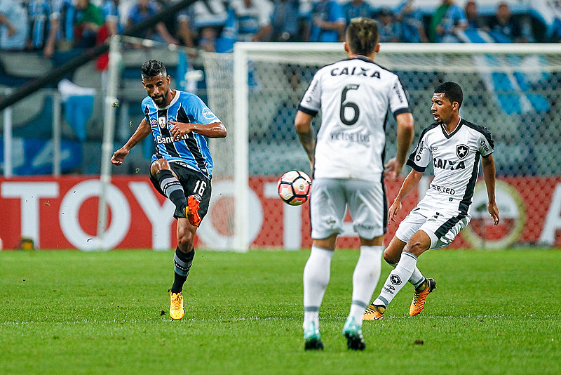 O Grêmio venceu o Botafogo por um a zero na sua Arena (com um gol marcado pelo paraguaio Lucas Barrios) e se classificou para as semifinais