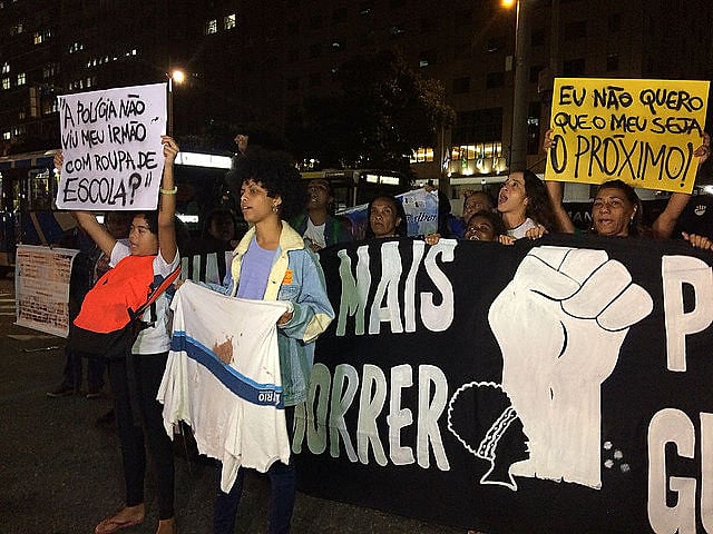 Mothers of victims of police brutality led the protest, including Marinete da Silva and 14-year-old Marcos Vinícius' mother Bruna Silva