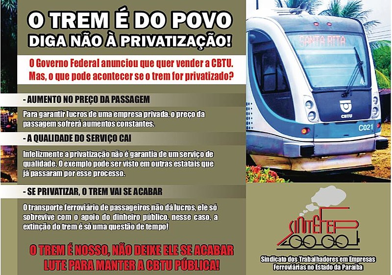 Na Paraíba, circulam 25 trens que atendem cerca de 8 mil usuários diários em 12 regiões entre Cabedelo, João Pessoa, Bayeux e Santa Rita.