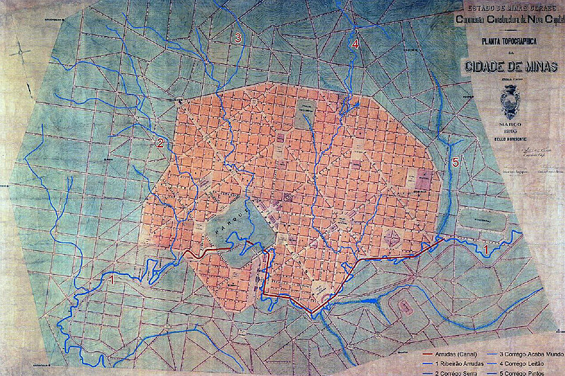 Planta Topográfica da Cidade de Minas (1895), em destaque a rede hidrográfica e o canal planejado para o ribeirão Arrudas