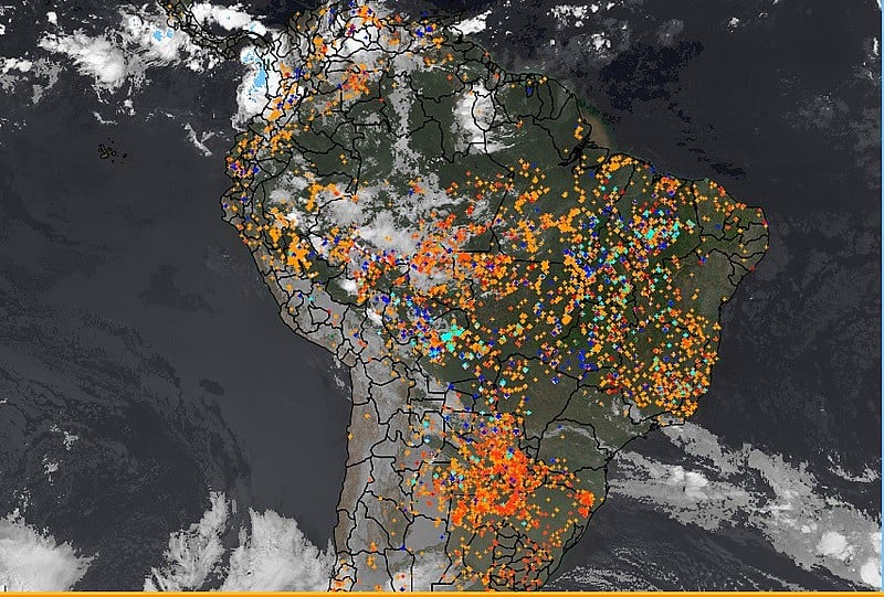 Satélite do Inpe mostra os pontos de focos de incêndio no último dia 2 de setembro
