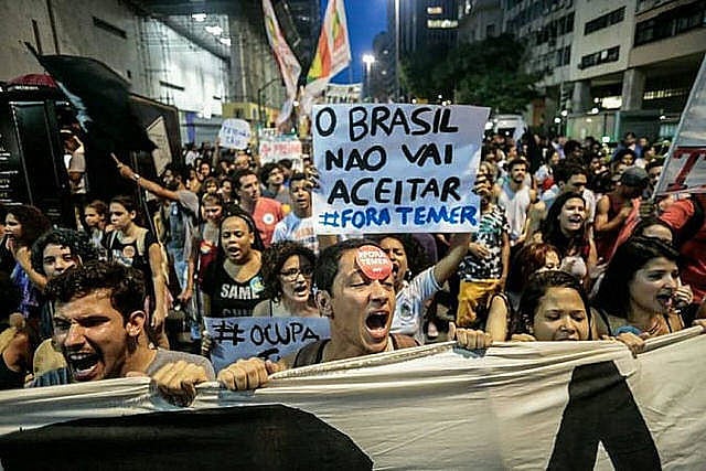 Protesters demonstrate against Temer measures in downtown Rio de Janeiro in 2016