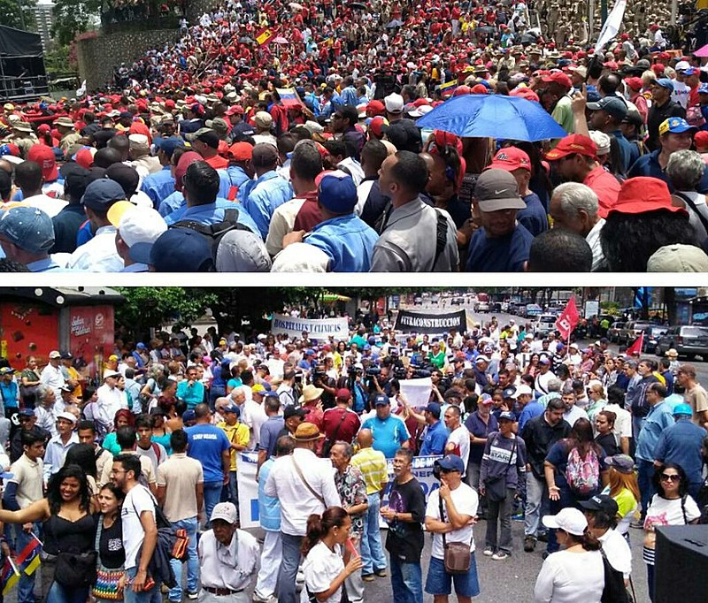 Na foto de cima, a esquerda venezuelana mostra sua força nesse Dia dos Trabalhadores