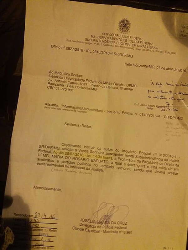 Documento que foi entregue à professora