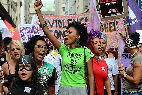 Manifestación del 8 de marzo, Día Internacional de la Mujer, en la región central de la ciudad de São Paulo, en la región sureste de Brasil