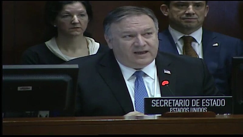Secretário de Estado dos EUA, Mike Pompeo, durante sessão extraordinária da OEA para discutir a situação política da Venezuela
