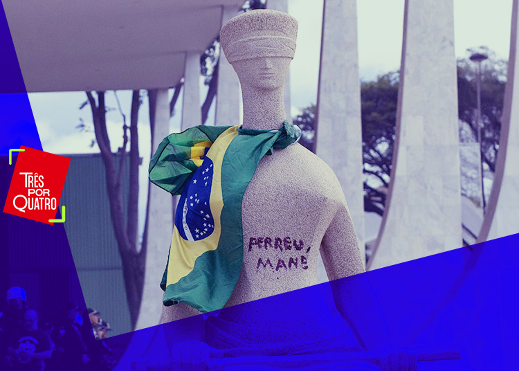 foto da estátua da justiça em frente ao stf com a pixação perdeu mané