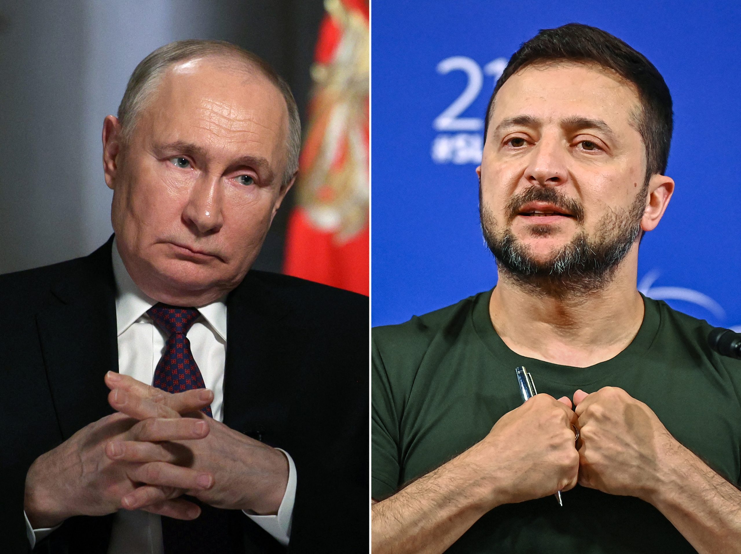 Imagens do presidente da Rússia, Vladimir Putin, e do presidente ucraniano, Volodymyr Zelensky