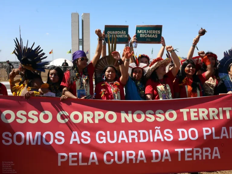 Mulheres indígenas marcham contra o PL da Devastação e por direitos territoriais