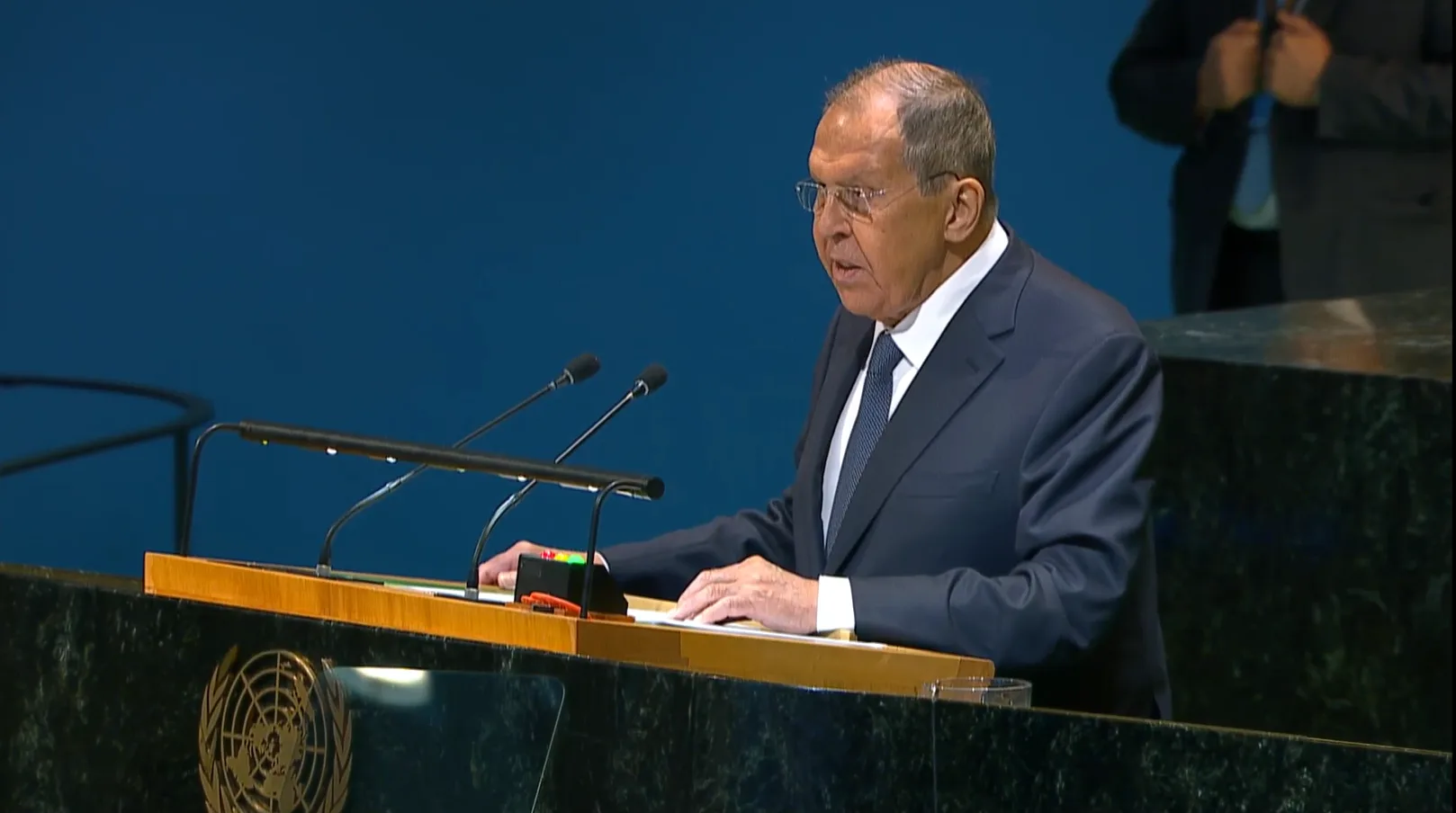 Ministro das Relações Exteriores da Rússia, Serguei Lavrov, durante discurso na Assembleia Geral da ONU