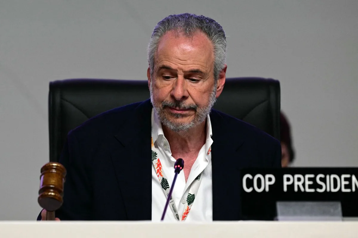 O presidente da COP30, André Correa do Lago, bate o martelo após aprovar um documento durante a sessão plenária da Conferência das Nações Unidas sobre Mudanças Climáticas (COP30), em Belém, Pará, Brasil, em 22 de novembro de 2025.