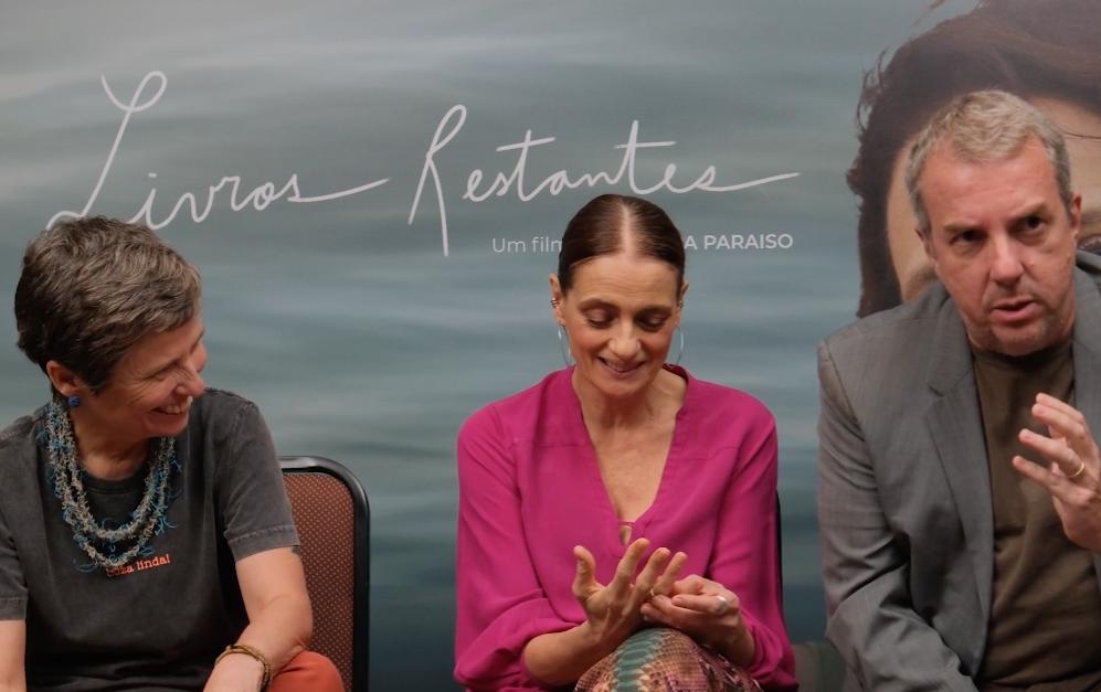 Atriz Denise Fraga, diretora Márcia Paraíso e ator Augusto Madeira, do filme Livros Restantes