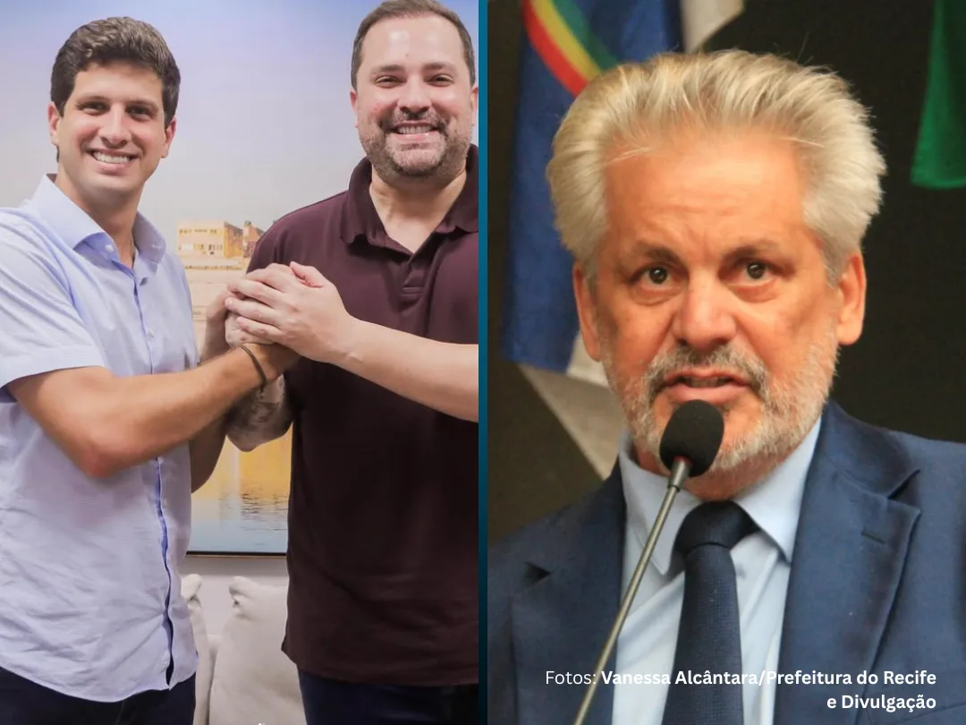 O prefeito do Recife, João Campos (PSB), ao lado do vereador Marco Aurélio Filho (PV); na outra foto, o ex-vereador Osmar Ricardo (PT)