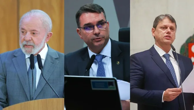 Meio/Ideia: Lula, Flávio Bolsonaro e Tarcísio de Freitas aparecem tecnicamente empatados