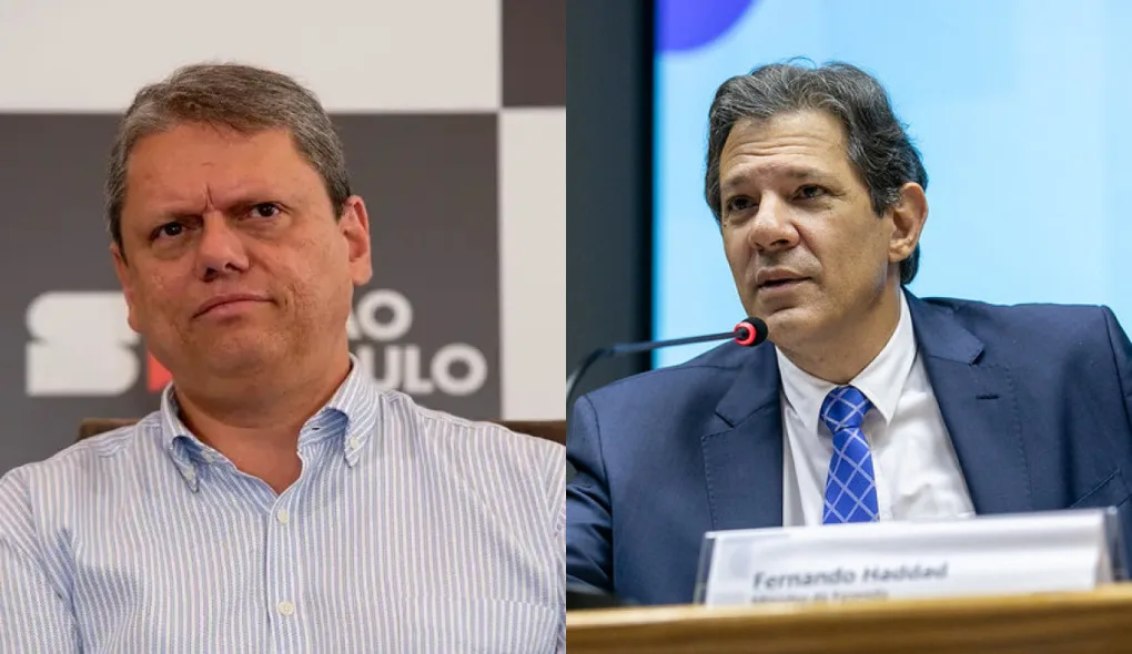 O governador de São Paulo, Tarcísio de Freitas (Republicanos), e o ex-ministro da Fazenda Fernando Haddad (PT)