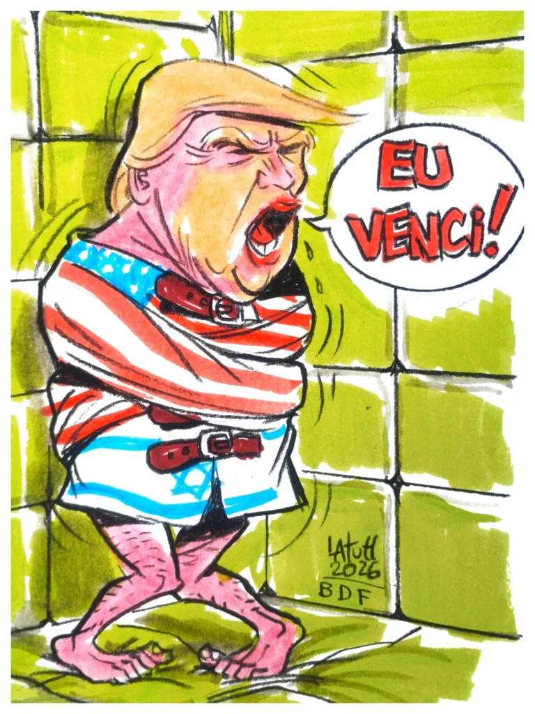 Charge de Carlos Latuff para o Brasil de Fato - Da queda de braço à camisa de força