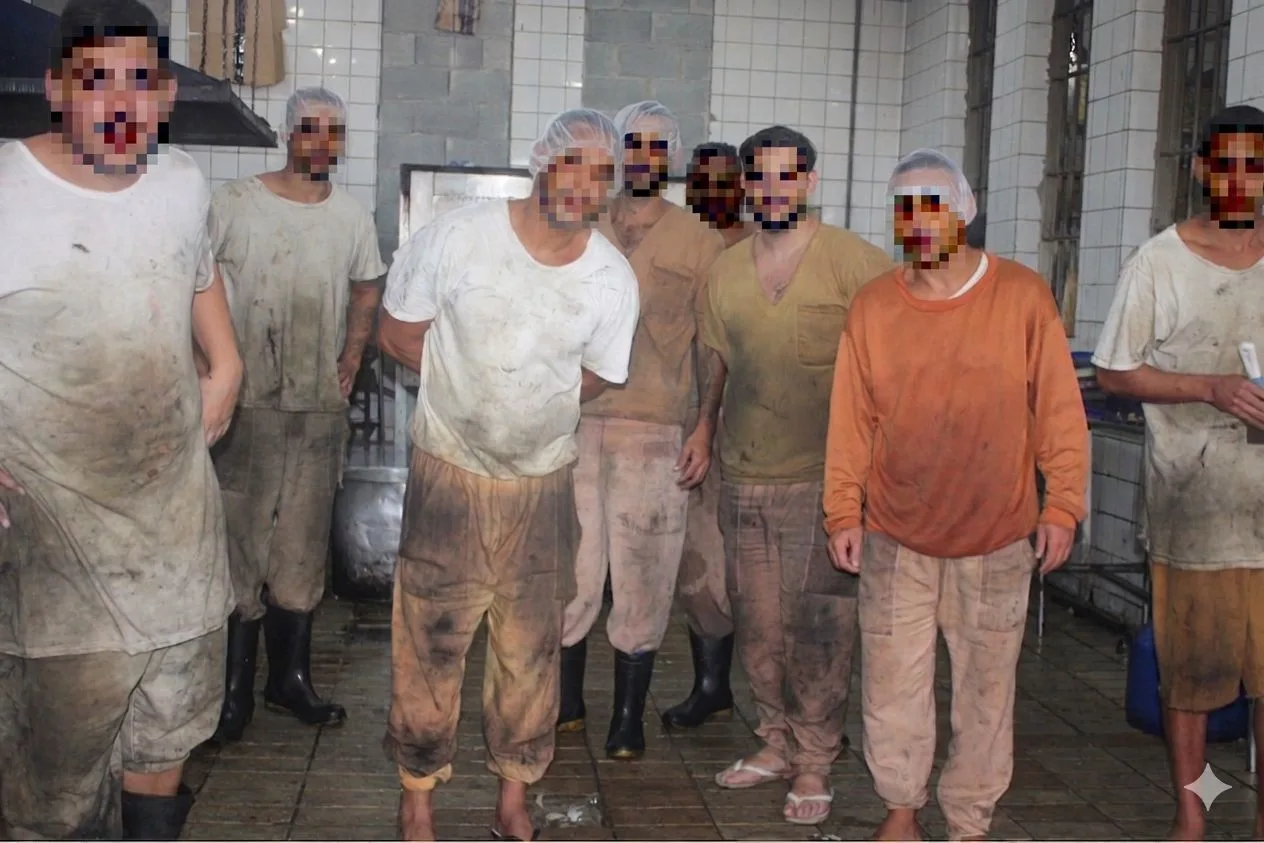 Presos que trabalham na cozinha da penitenciária cozinhando as refeições da unidade