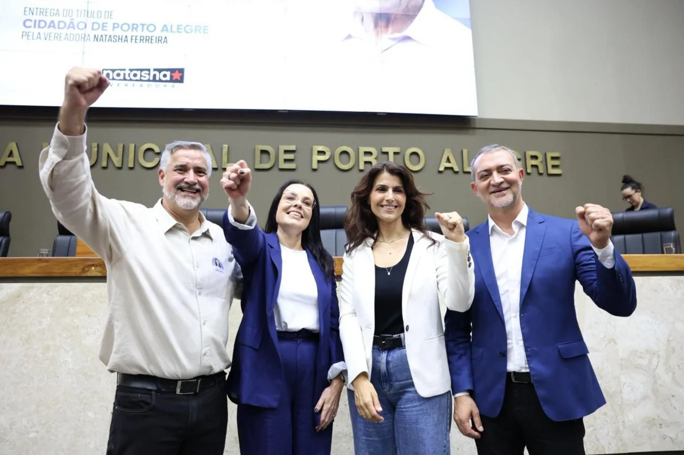 Pré-candidatos Paulo Pimenta (Senado pelo PT), Juliana Brizola (governadora pelo PDT), Manuela D’Ávila (Senado pelo Psol) e Edegar Pretto (vice-governador pelo PT)