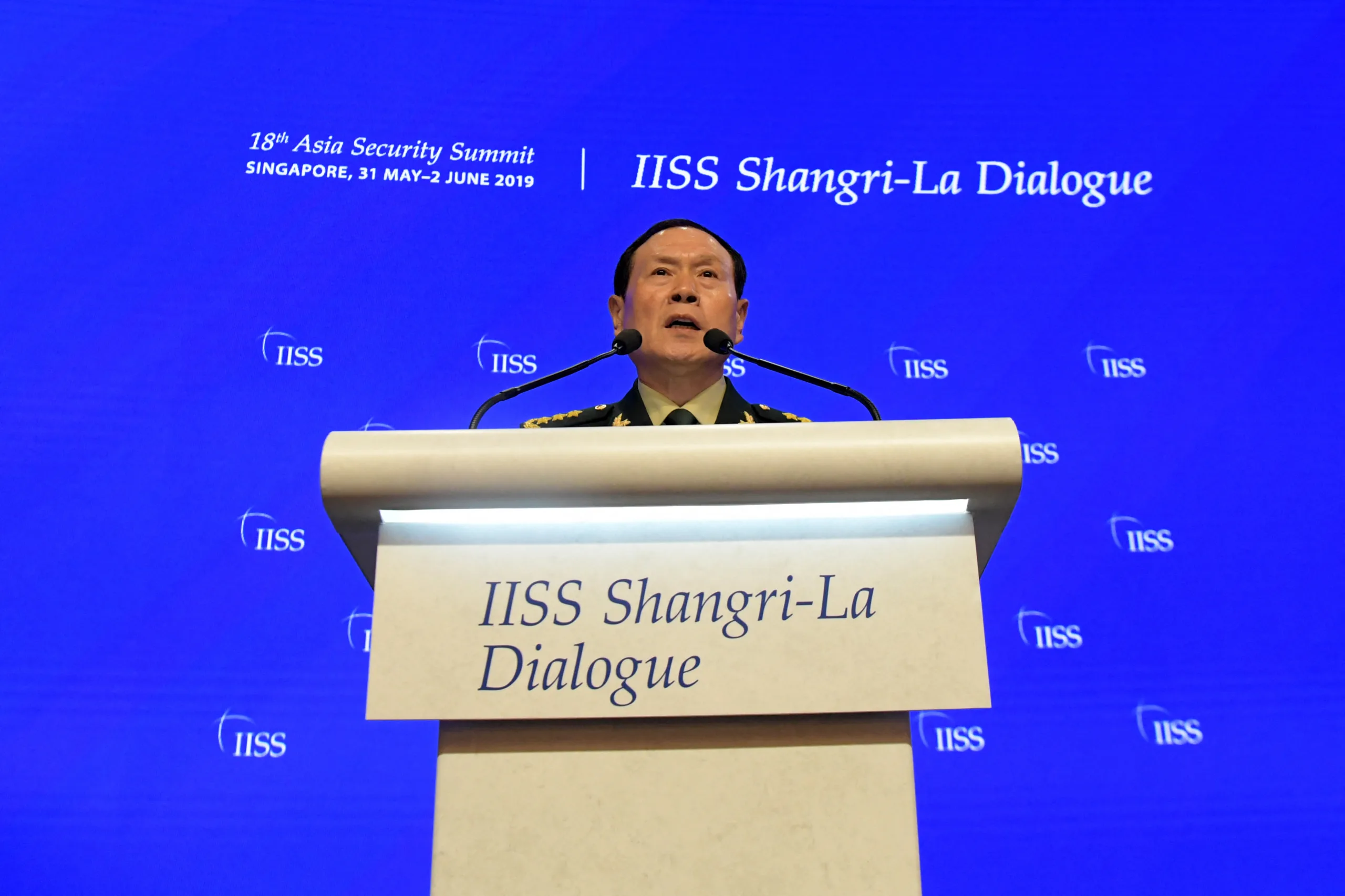 Ex-ministro da Defesa da China, Wei Fenghe, participa da cúpula do Diálogo Shangri-La do IISS em Singapura, em 2 de junho de 2019.