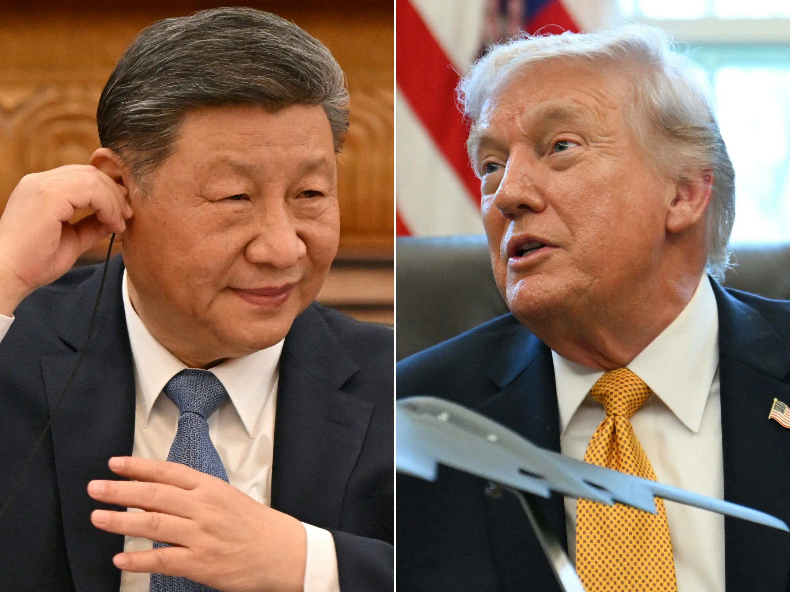 Presidente chinês Xi Jinping no Grande Salão do Povo, em Pequim, em 28 de março de 2025, e o presidente dos EUA, Donald Trump, no Salão Oval da Casa Branca, em Washington, D.C., em 16 de março de 2026.