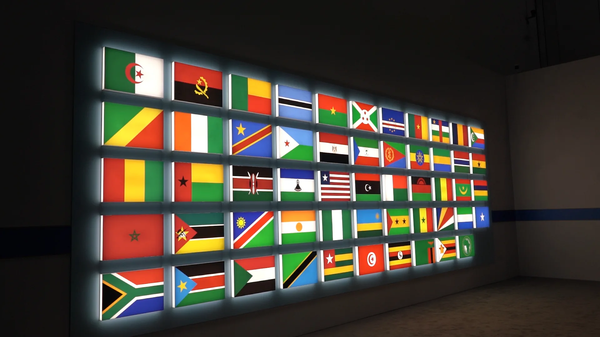 Instalação com as bandeiras dos 53 países africanos que possuem relações diplomáticas com a China, mais a bandeira da União Africana no Fórum de Cooperação China-África (FOCAC) em Pequim, em 3 de setembro de 2024