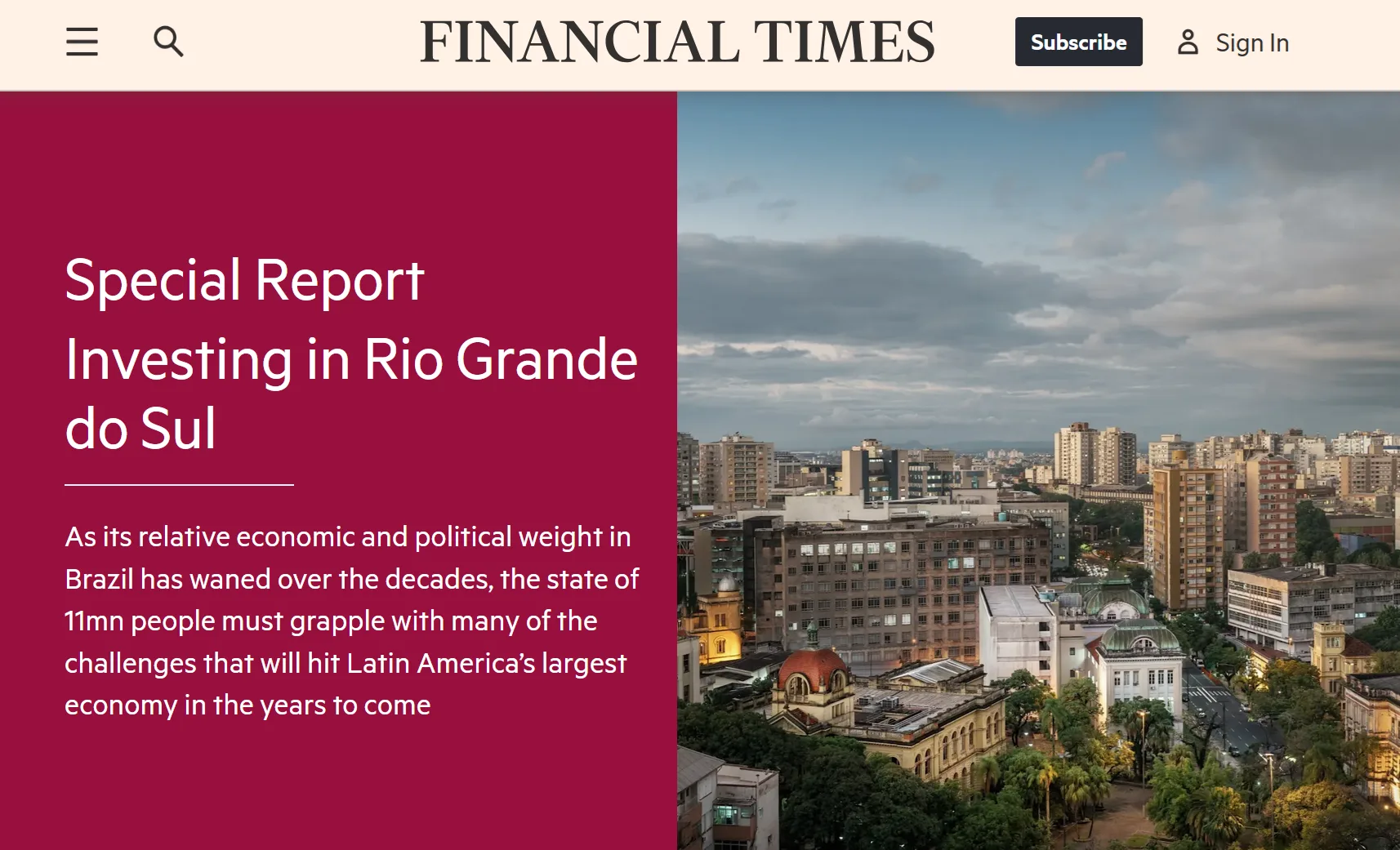 Página de abertura do especial “Investing in Rio Grande do Sul”, publicado pelo Financial Times no dia 13 de maio