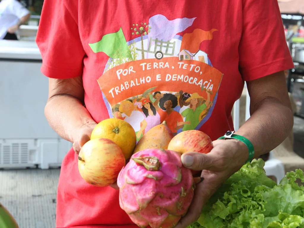 Foto de pessoa sem rosto com destaque para sua camiseta de fundo vermelho onde se lê: por terra, teto, trabalho e democracia. Nas mãos, a pessoa carrega maçãs, laranja e romã, alimentos produzidos em assentamentos da reforma agrária